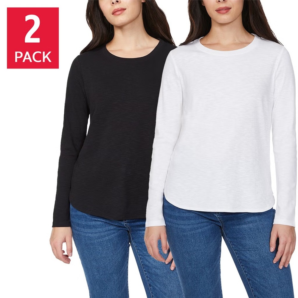 Kirkland Signature Women's Long Sleeve Slub Tee, 2-Pack, Black / White, Size 2XL